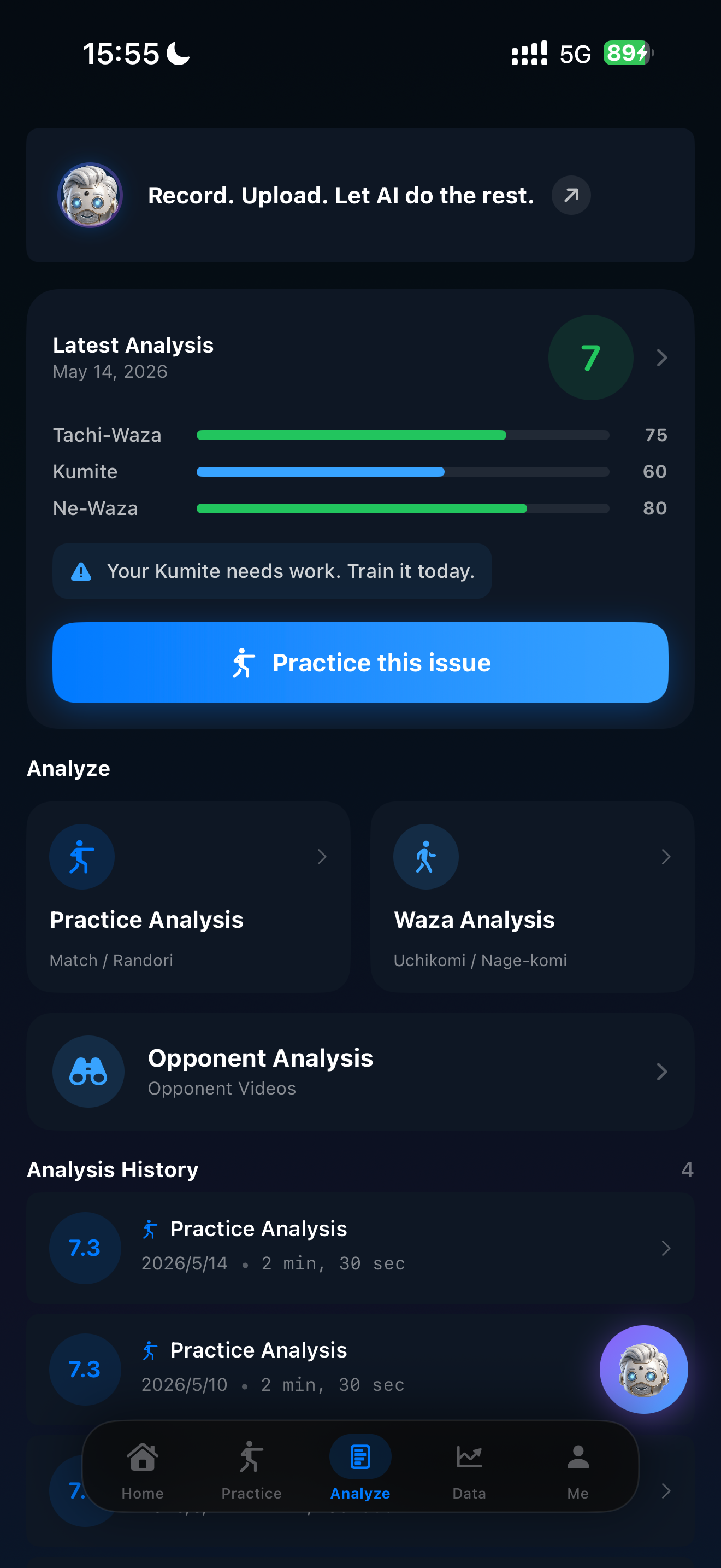 Judo AI analyze screen with video analysis and technique scores