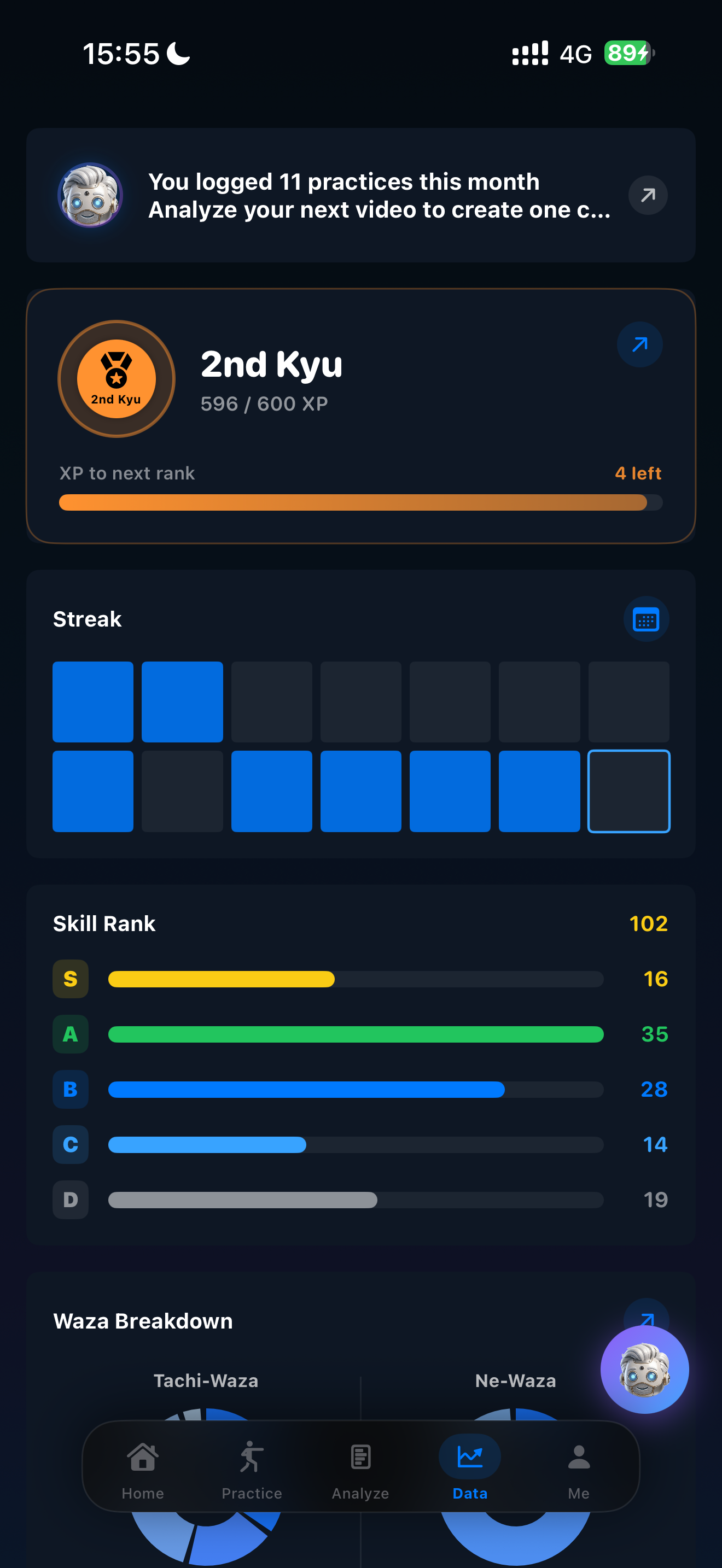 Judo AI data screen with rank, streak, and skill breakdown