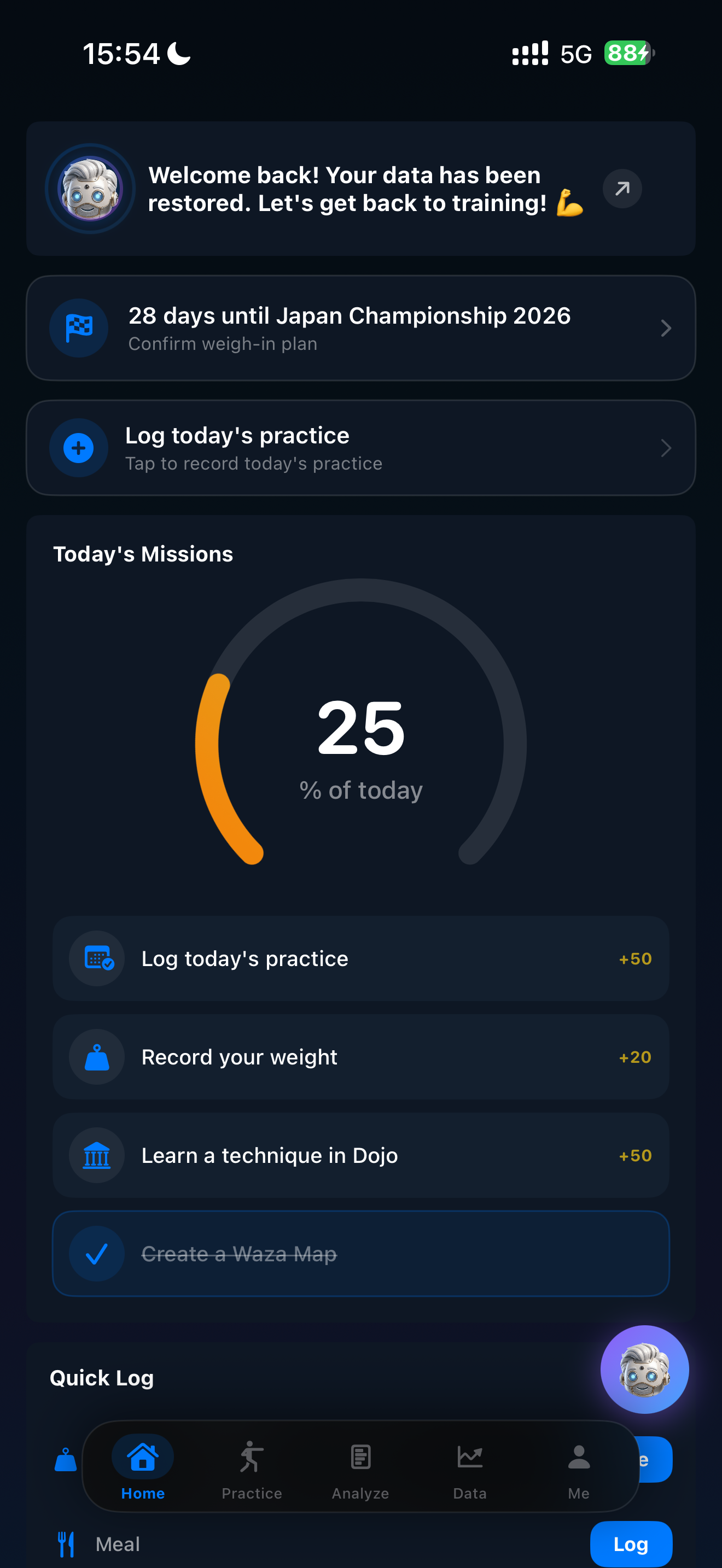 Judo AI home screen with daily missions and quick log