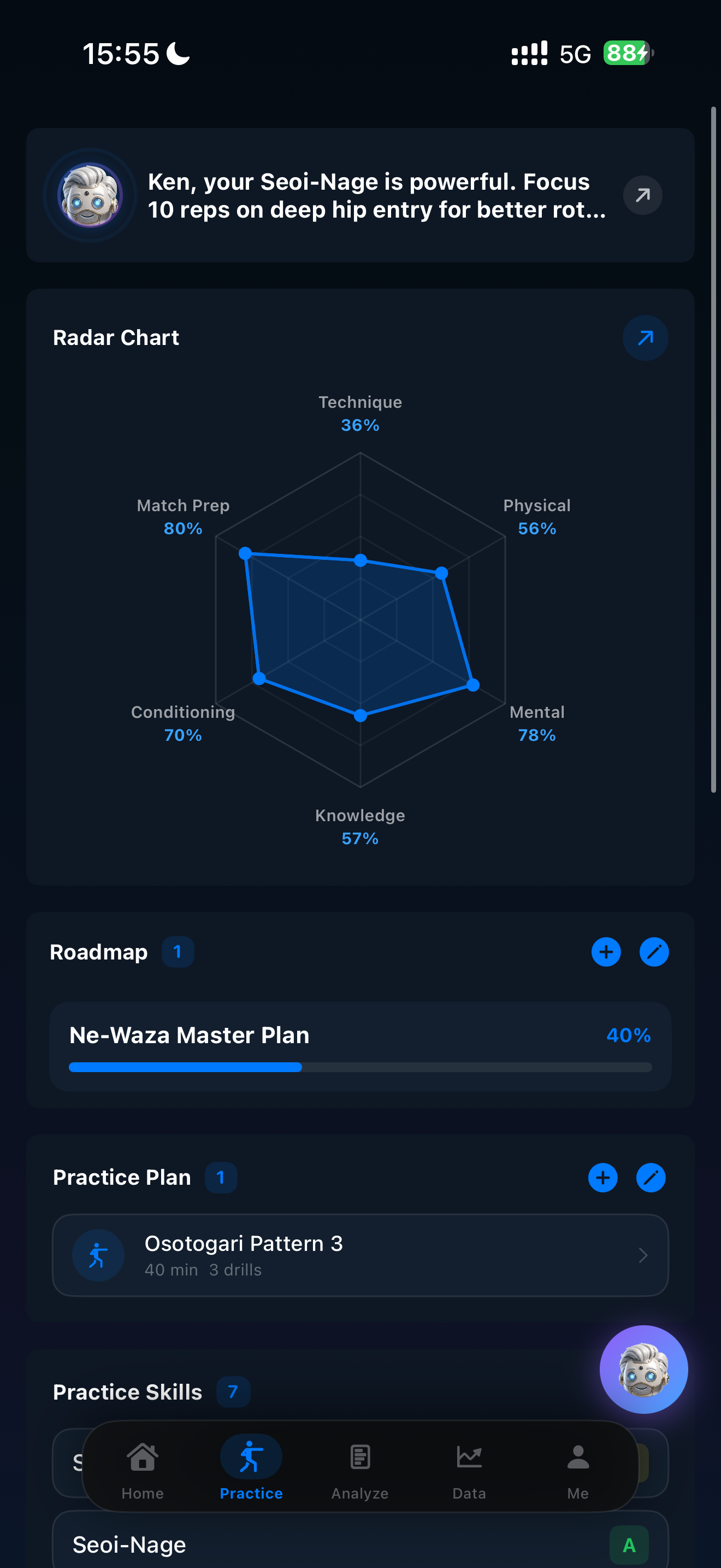 Judo AI practice screen with radar chart and roadmap